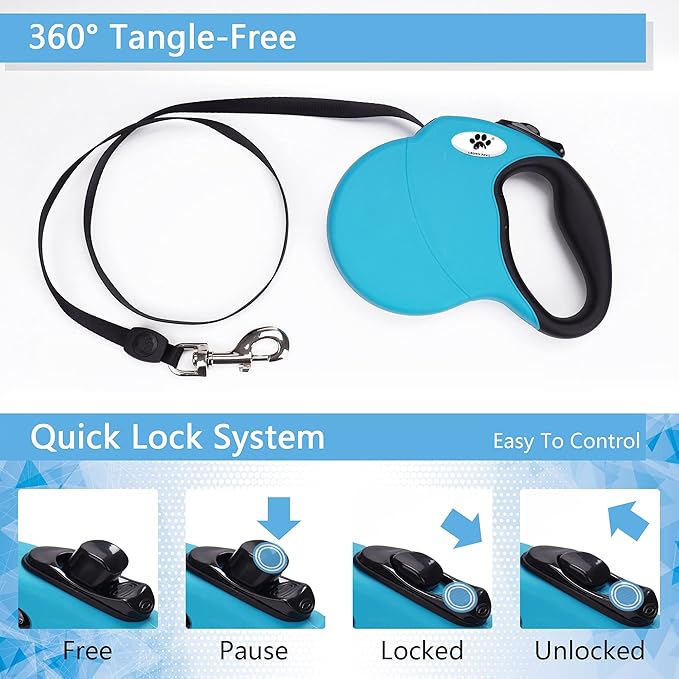 16 ft Retractable Dog Leash for Large Dogs up to 110 lbs,Tangle-Free Nylon Tape,Blue L
