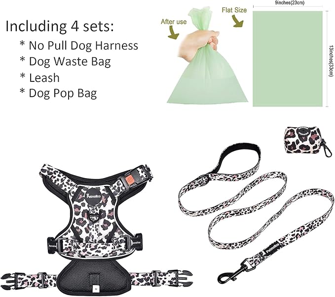 Petmolico No Pull Dog Harness Set with Leash Attachment Easy Control Handle Reflective Harness Vest Small Breed, Puppy Vest and Leash Set with Poop Bag Holder, Medium - Leopard