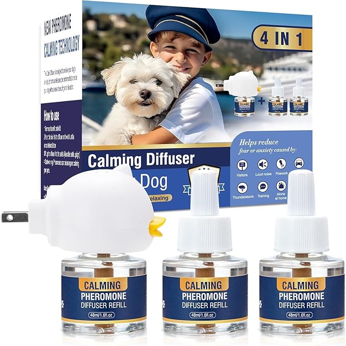 Dog Pheromone Calming Diffuser 4 In 1 Appeasing Pet Pheromones Diffuser to Calm Kit (Plug in+ 3 Pack 48ml Refill) for Anxiety Relief Reduce Barking Aggression Fighting Stress 90 Day Supply(Tasteless)