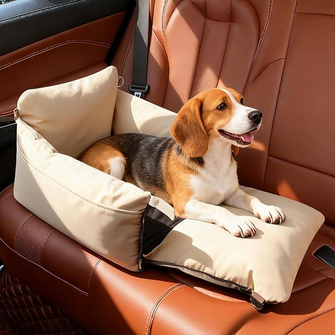 Dog Car Seats for Small Dogs, Waterproof Puppy Car Seat with Side Handles and Large Pockets, Clip-On Safety Leash and PP Cotton Filling, Pet Booster Seat for Small Dog up to 25lbs (Apricot)