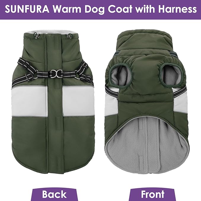 SUNFURA Small Dog Coat with Harness Built in, Warm Dog Jacket Winter with Zipper On Back, Waterproof Pet Snow Jacket Snowsuit Pet Sweater Clothes for Schnauzer, Yorkshire Terrier, Army Green S