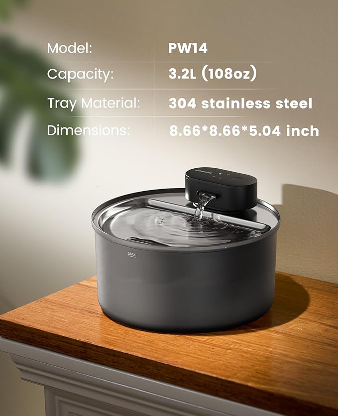 oneisall Cat Water Fountain Stainless Steel Tray: 108oz/3.2L Wireless Pet Fountain for Cats Indoor, Battery Operated Automatic Water Dispenser for Drinking, Ultra Quiet SilentFlowβ’, Motion Sensor