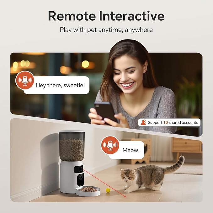 Automatic Cat Feeder with Dual 2K HD Camera, Smart Pet Food Dispenser for Timed Meals, APP Control Laser Interactive Toy Treat Feeders with 2.4G / 5G WiFi, White