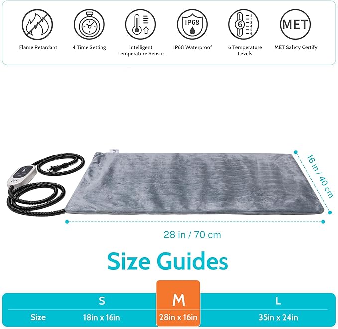 Pet Heating Pad, 6 Adjustable Temperature Indoor Heated Pad with Timer, for Cats and Dog with Chew Resistant Cord (M: 28" x 16")