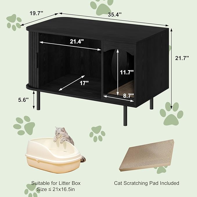 Cat Litter Box Enclosure Furniture, Fluted Hidden Litter Box Furniture with Scratching Pad, Large Wood Cat House Indoor Modern Cabinet Side End Table for Living Room, Entryway, Black