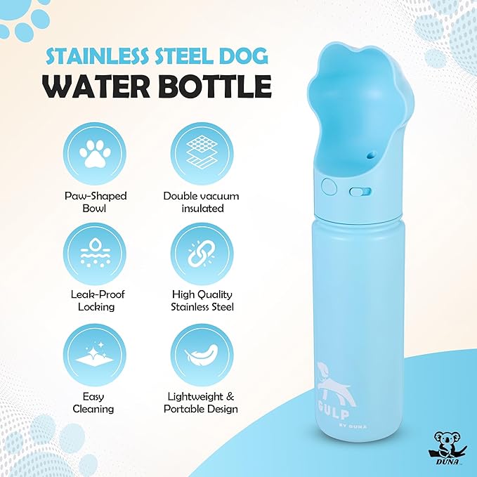 Gulp by Duna 18oz Dog Travel Water Bottle with Paw-Shaped Bowl – Insulated Stainless Steel, Leakproof & Portable with Carry Strap – Outdoor Walking, Hiking & Pet Hydration On-The-Go – Blue