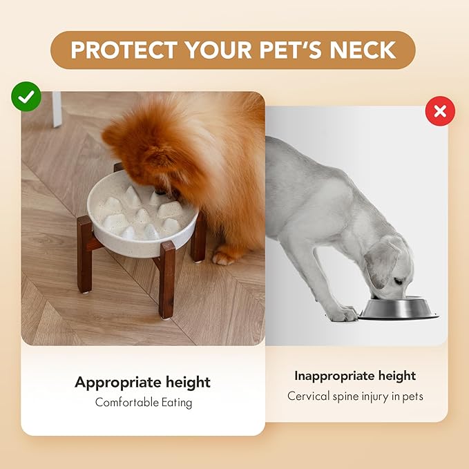 Ceramic 1.2 Cup Dog Raised Slow Feeder Set, Elevated Bowl with Wooden Stand for Medium and Small Dog, 7.3inch Slow Feeder Dish for Fast Easters(1 Bowl & Stand, Vanilla White)