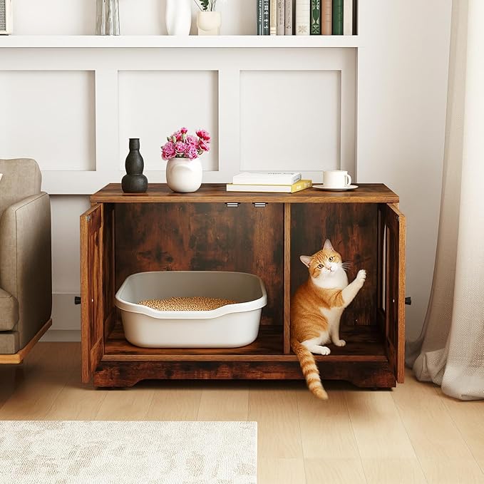 Tangkula Cat Litter Box Enclosure, Wooden Kitty Washroom Cabinet w/Winding Entry & Cat Hole, with Divider, Hidden Double Enclosed Litter Box Furniture for Living Room, Bedroom, Entryway (Rustic Brown)