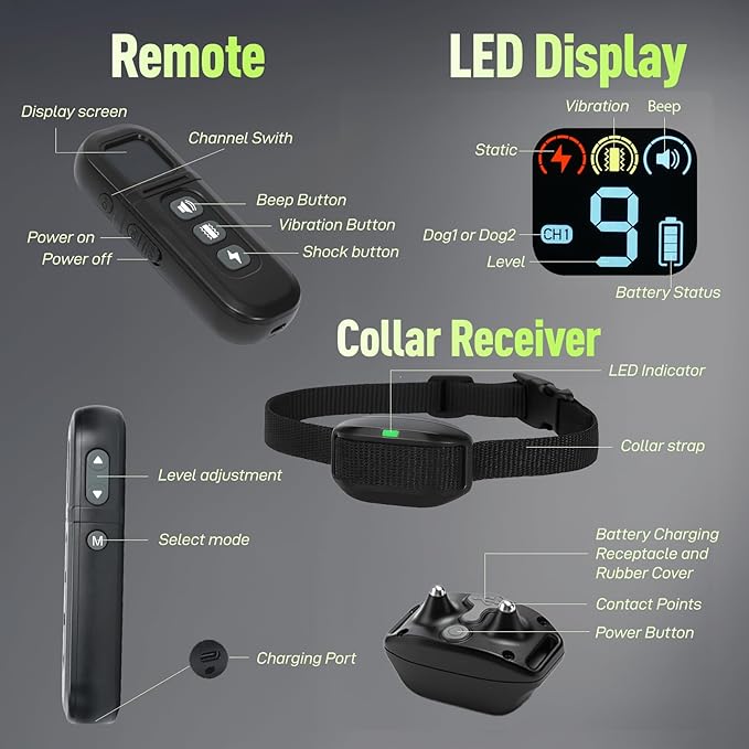Dog Shock Collar 2 Dogs (5-15Lbs),1900 ft Waterproof Training Collar for Dogs Medium Small with Rechargeable Remote,Beep (1-3) Vibration (0-9) and Humane Shock (0-9) Modes