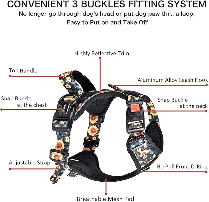 Petmolico No Pull Dog Harness Set with Leash Attachment Easy Control Handle Reflective Harness Vest Small Breed, Puppy Vest and Leash Set with Poop Bag Holder, XS - Sunflower