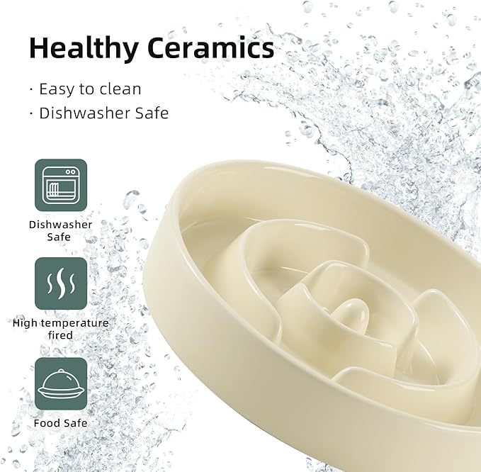 Ceramic 1.6 Cup Slow Feeder Dog Bowl for Medium and Large Breed, 8.2inch Puzzle Dog Food Dish, Anti-Gulping, Stop Bloat, Preventing Choking (Single Bowl-Beige)