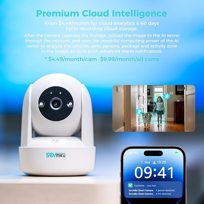 Sovmiku CB2 2k AI Tracking Security Camera for Home,Pet Camera Indoor, Baby Monitor,360ยฐ View Pan/Tilt Cam,Two Way Audio,Night Vision,Easy to Setup,Audible Alarm,2.4GHz Wi-Fi, 180 Days Exchange Policy