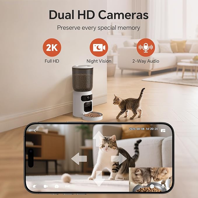 Automatic Cat Feeder with Dual 2K HD Camera, Smart Pet Food Dispenser for Timed Meals, APP Control Laser Interactive Toy Treat Feeders with 2.4G / 5G WiFi, White