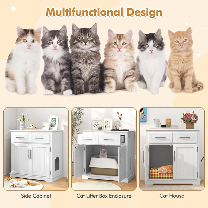 Tangkula Litter Box Enclosure, 32 Inch Enclosed Cat Box Cabinet with 2 Storage Drawers & Double Doors, Hidden Cat Washroom, Modern Cat Litter Box Furniture for Indoor Cats