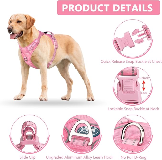 PoyPet No Pull Dog Harness, No Choke Reflective Dog Vest, Adjustable Pet Harnesses with Easy Control Padded Handle for Small Medium Large Dogs(Light Pink Matching Trim,S)