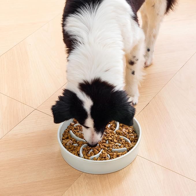 vancasso Ceramic Slow Feeder Dog Bowls, Puzzle Dog Food Bowls with Floral Maze, Anti -Slip Pet Food Dish for Large Breed, 3 Cups, Grayish Cyan
