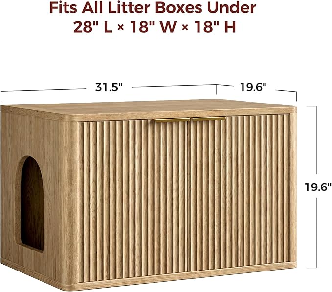 Evermagin 31.5" Oak Cat Litter Box Enclosure Furniture, Large Hidden Litter Box Cabinet, Entry Can Install Left/Right, Mid Century Modern Fluted Kitty End Table for Living Room, Entryway, Bedroom