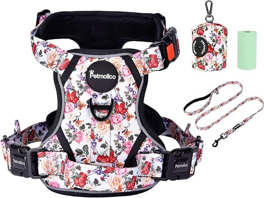 Petmolico No Pull Dog Harness Set with Leash Attachment Easy Control Handle Reflective Harness Vest Small Breed, Puppy Vest and Leash Set with Poop Bag Holder, Medium - White Rose
