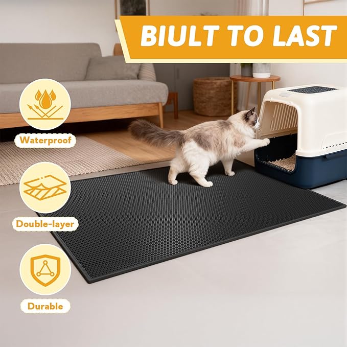 Pieviev Cat Litter Mat Double Layer Waterproof Urine Proof Trapping Mat 1 Pack (Black, 47x36 Inch (Pack of 1))