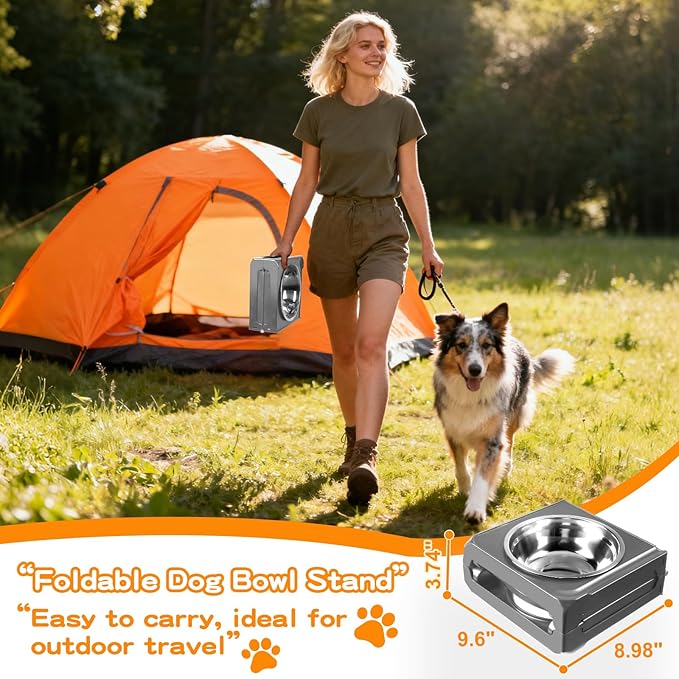 Foldable Elevated Dog Bowl Stand with Dual 7.8" Stainless Steel Bowls, 5 Adjustable Heights (3.9"-13.4"), Anti-Slip Portable Travel Pet Feeder, Fits 5.5"-27" Shoulder Height Dogs, Grey