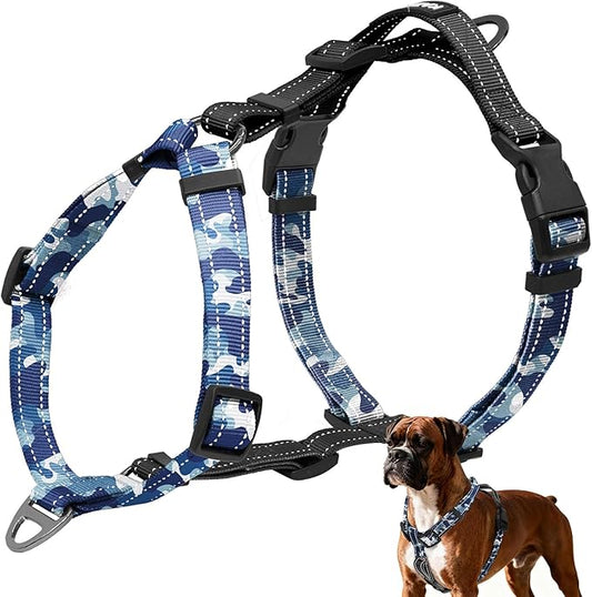 No-Pull Harness,Y-Shaped Design,Buckle-Neck Balance Harness with Reflective Stitching, Ideal for Dog Training and Night Walking, Padded Handle, Durable High-Tensile Nylon-Blue Camo-S