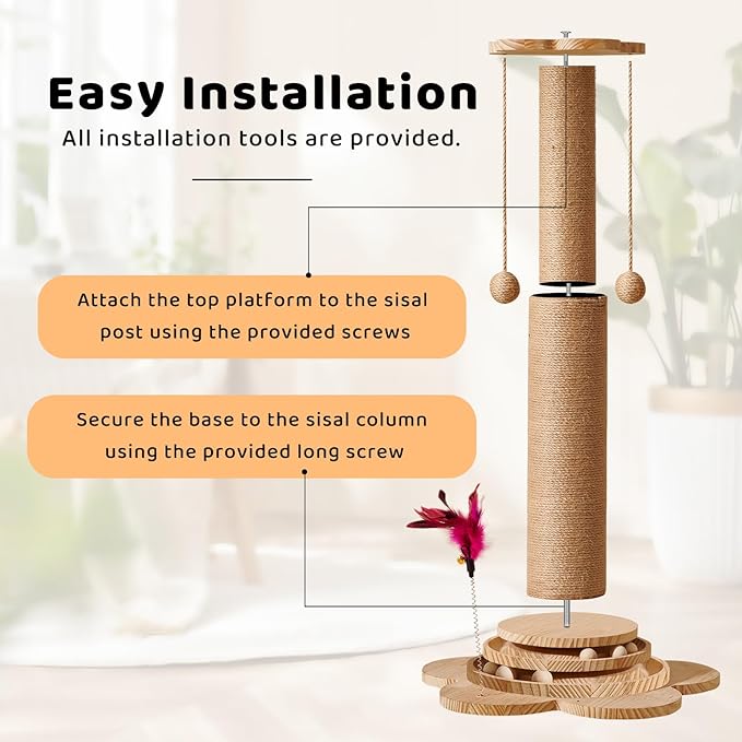 Cat Scratching Post 32" Tall Cat Scratch Post Tree Scratching Posts for Indoor Cats Adults Kitten with Wooden Interactive Ball Toy and Hanging Sisal Ball