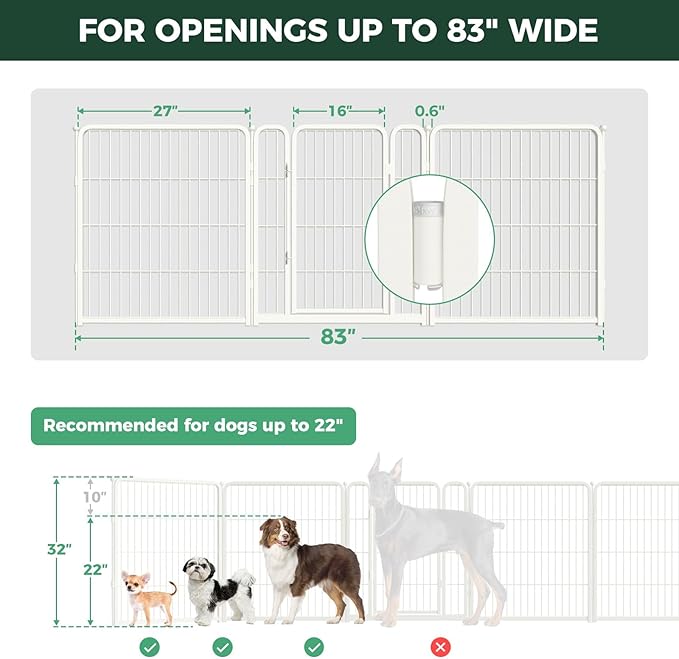 FXW Dog Gate Extra Wide Designed for Indoor Use, Adjustable Width Up to 83-inch Wide (32" H 3 Wire Panels for Small and Medium Dogs), White