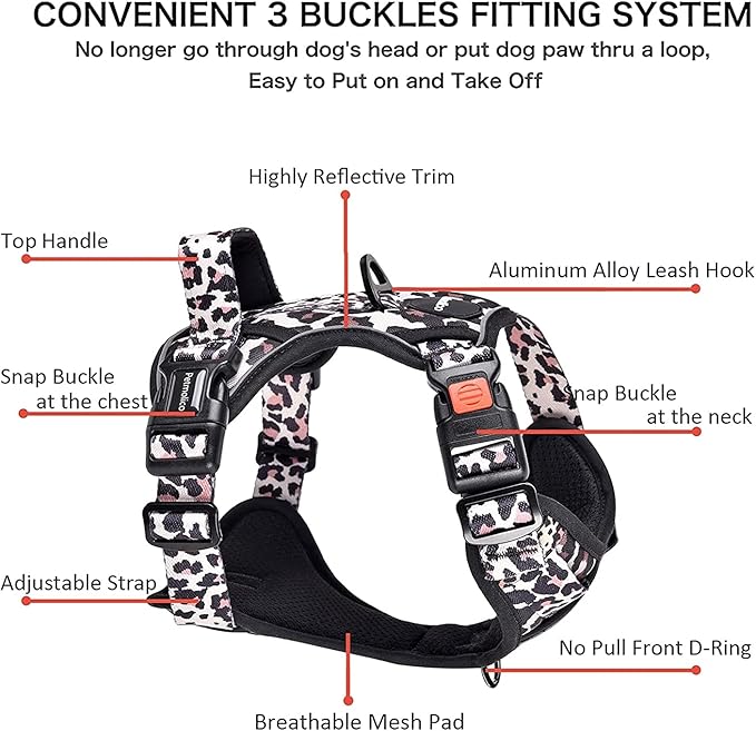 Petmolico No Pull Dog Harness Set with Leash Attachment Easy Control Handle Reflective Harness Vest Small Breed, Puppy Vest and Leash Set with Poop Bag Holder, Large - Leopard