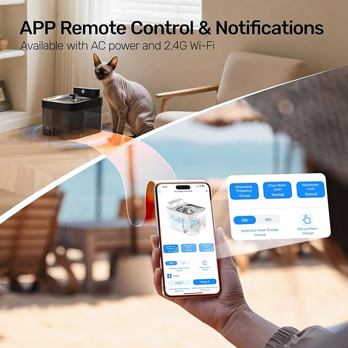 Cat Water Fountain, No Filter Cotton, App Monitoring Wastewater Separation Pet Water Fountain, 5000mAh Battery & Plug-in, 3L/101oz Wireless Automatic Water Dispenser for Cats Indoor, Black