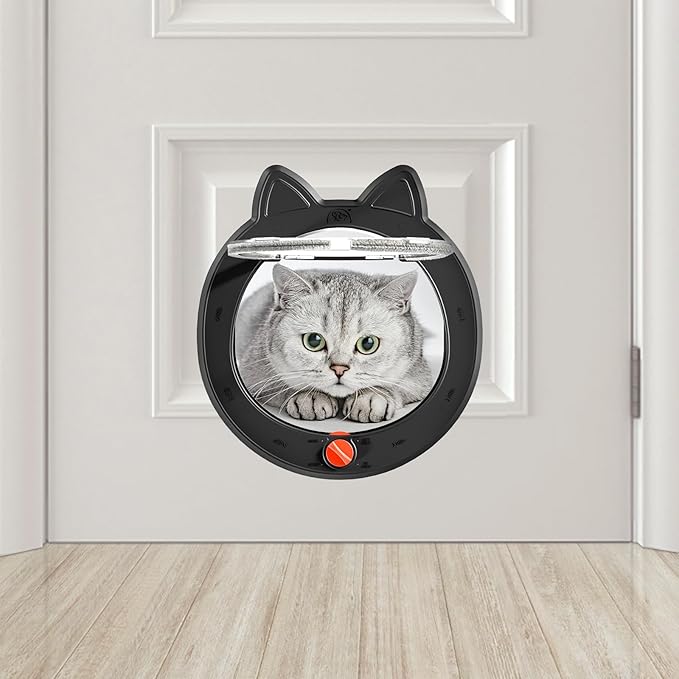 ClawJaw Pet Door, Cat Door for Interior Exterior Doors, 7.5" x 7.5" Inner Frame, 4-Way Locks, for Cats and Small Dogs, Easy to Install, Suitable for Interior and Exterior Doors, Black