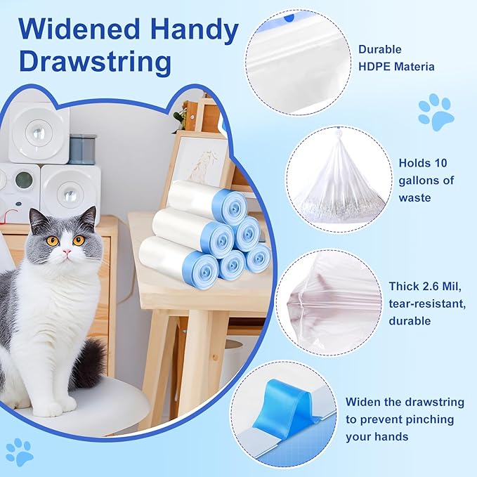 Thicken Cat Litter Bags 120 Pack, cat litter box liners, Leakproof Poop Bags & Waste Bags - Ultimate Odor Control and Leakproof Design,6 Rolls Drawstring Trash Bags for Automatic Litte(18x12.6 inches)