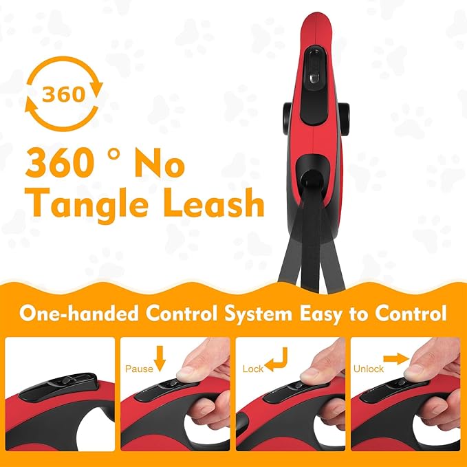 Retractable Dog Leash with Chew Proof Cable, 26Ft Heavy Duty Dog Leash for Medium Large Dogs up to 110lbs, 360° No Tangle, One-Handed Brake (Red)