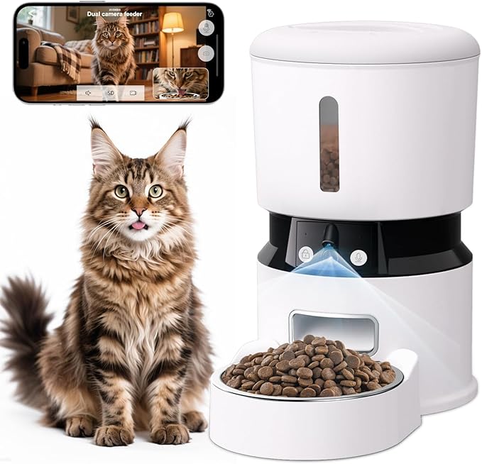 Automatic Cat Feeders with 2 Cameras and App, 4L 1080P HD Timed Pet Feeder Smart Dog Food Dispenser 2-Way Audio for Cats/Small Dogs, Cat Food Dispenser with Night Vision/Motion Alerts, WiFi 2.4G
