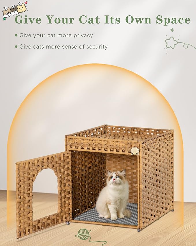 Cat Litter Box Enclosure Furniture, Hidden Litter Box with Mat and Fence, Handwoven Rattan Cat House with Two S-Shaped Hooks for Living Room, Bedroom, 18.5 x 20.5 x 19.1 Inches (Natural)