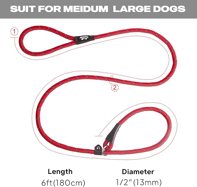 TwoEar Slip Leads for Dogs, 1/2" x 6FT Slip Leash for Large Dogs with Highly Reflective Threads, Comfortable Strong Rope Slip Leads, No Pull Pet Training Leash, Red