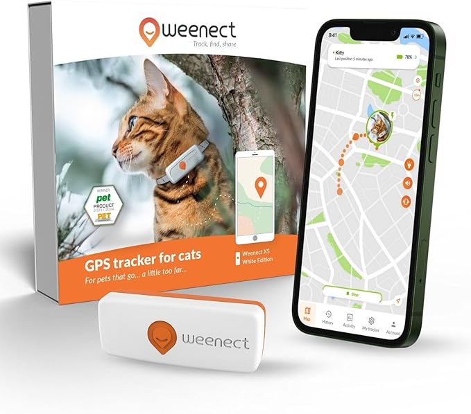 Weenect Cat XS - New GPS Tracker for Cats | Real-time Mini GPS Tracker for Cats | Smallest Model on The Market | Collar Included | Subscription Required