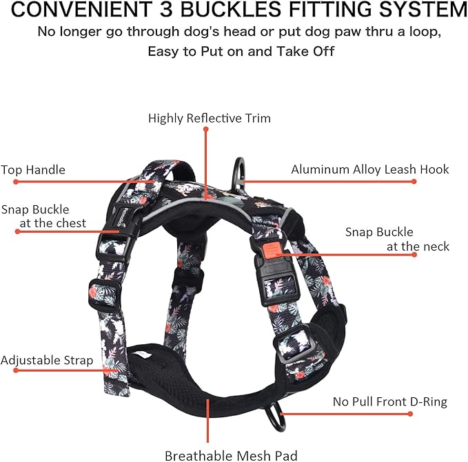 Petmolico No Pull Dog Harness Set with Leash Attachment Easy Control Handle Reflective Harness Vest Small Breed, Puppy Vest and Leash Set with Poop Bag Holder, Medium - Rainforest Flower