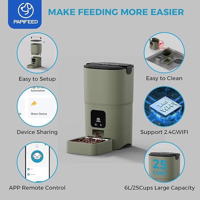 PAPIFEED Automatic Cat Feeder Upgrade, Smart Cat Feeder 6L - APP/Alexa Control, Dual Power Supply, Anti-chewing Cord, Stainless Steel Bowl, Anti-chewing Design for Cats and Small/Medium Dogs (Greener)