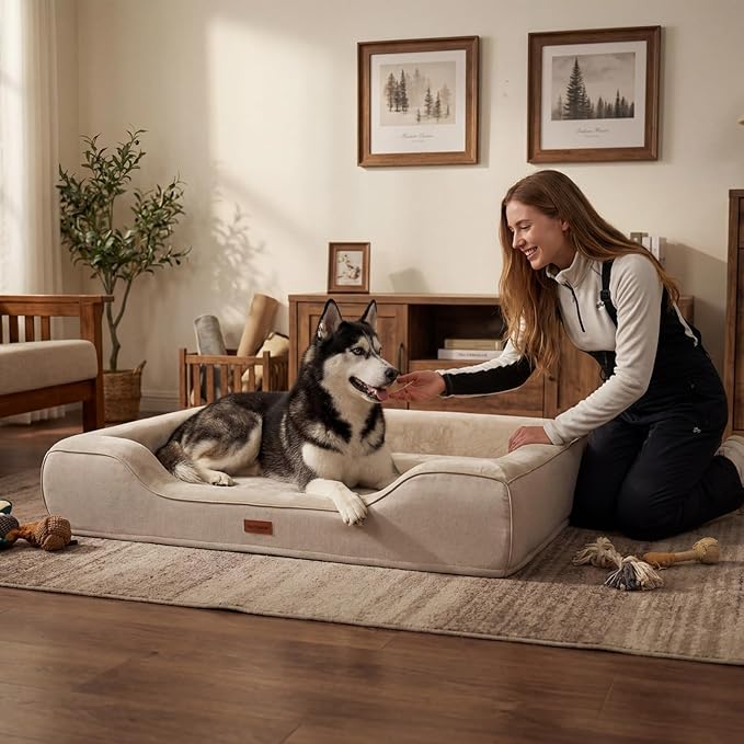 Orthopedic Dog Beds for Extra Large Dogs, Waterproof Cooling Gel Memory Foam XL Pet Bed with Sides, Non-Slip Bottom and Egg-Crate Foam with Washable Removable Cover,42.0" LX30.0 WX9.0 Th Beige