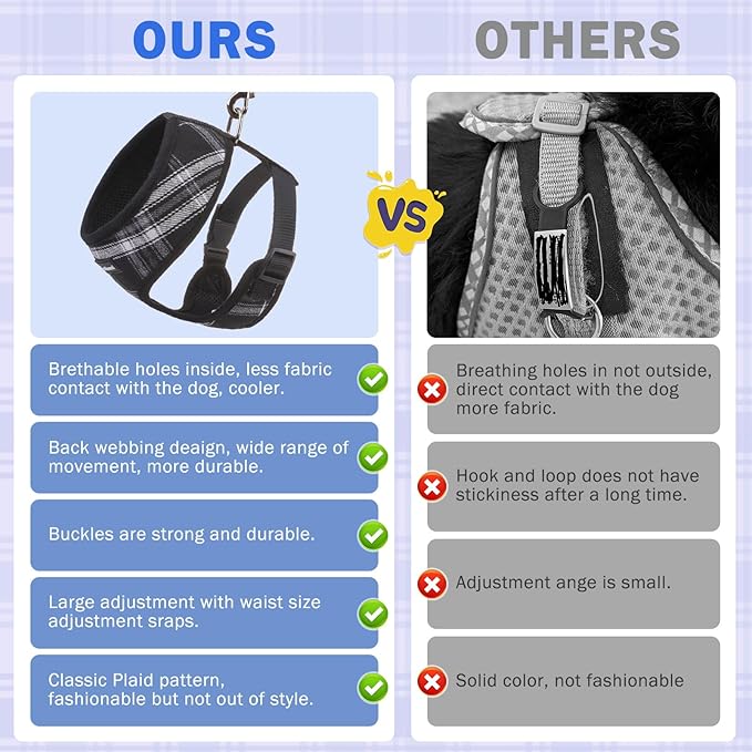 SCENEREAL No Pull Dog Harness Collar and Leash Set Small Medium Sized Dog, Soft Mesh Step in Puppy Harnesses, No Chock Plaid Adjustable Pet Vest for Outdoor Walking Training and Running, Black XS