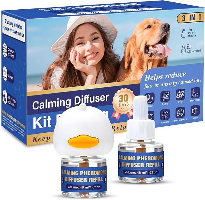 Dog Pheromone Calming Diffuser: Relaxing Pheromone Diffuser for Dogs Relief Stress Anxiety Fighting Scratching Barking, Dog Calming Pheromone Diffuser Kit with 1 Plug in Diffuser+2 Refill 48ml (3in1)