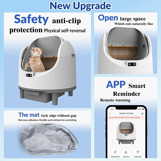 Self Cleaning Litter Box, Automatic Cat Litter Box Self Cleaning with Large Capacity, App Control, Safety Protection, Removable Washable Liner, 1 Roll Garbage Bags, Open-Top