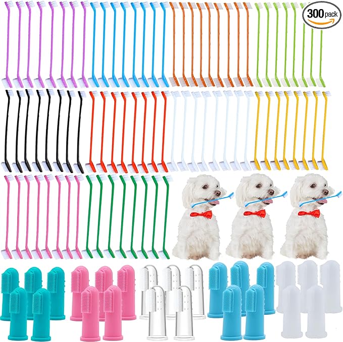 300 Pcs Dog Toothbrush Bulk, 150 Pieces Double Headed Toothbrush, 150 Finger Toothbrushes - Suitable for Small/Large Dogs, Cats, and Pets, Soft Bristled Teeth Cleaning, (10 Colors)