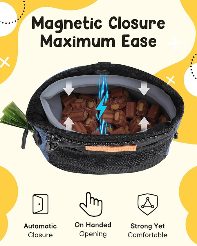 Dog Treat Pouches for Pet Training with Silicone Liner and Magnetic Closure, 2-Cup Treat Bag with Built-in Poop Dispenser, Waist Belt Clip, 3-Way Wear for Puppy & Pet Training and Daily Walks