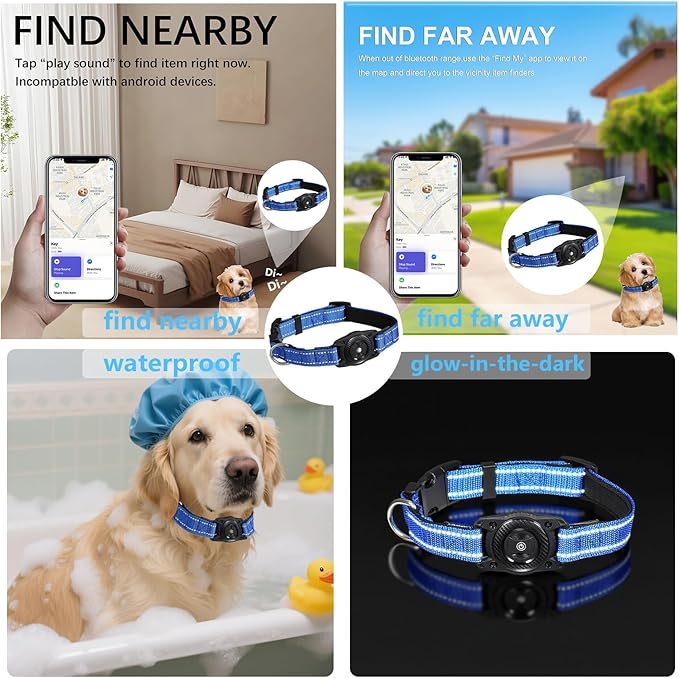 Tracking Collar for Dogs Waterproof Adjustable Air Tag Dog Collar Holder, Comfortable Dog Collars for Small Medium Large Dogs (Blue, L)
