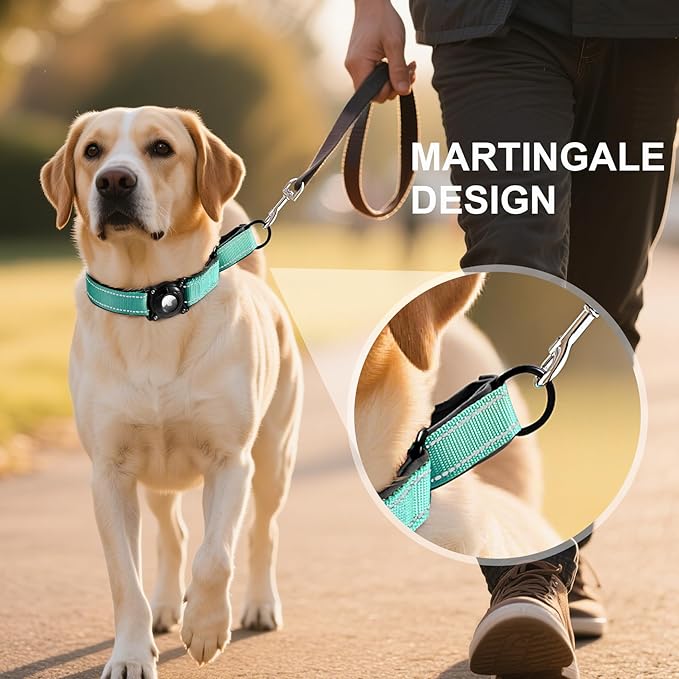 Airtag Dog Collar with Martingale Design, IP68 Waterproof Air Tag Collar Holder, Adjustable Reflective Soft Padded Nylon Dog Collar for Large Medium Small Dogs