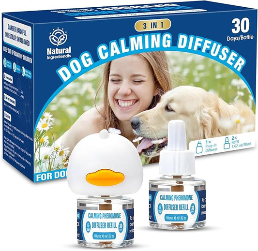 Dog Calming Pheromones Diffuser: 3-in-1 Kit Appeasing Pheromone Diffuser to Calm (1 Plugin+2x48ml Refills) for Comfort Reduces Stress Anxiety, Long-Lasting Appeasing Pheromone for Pet Dog Cat (3in1)