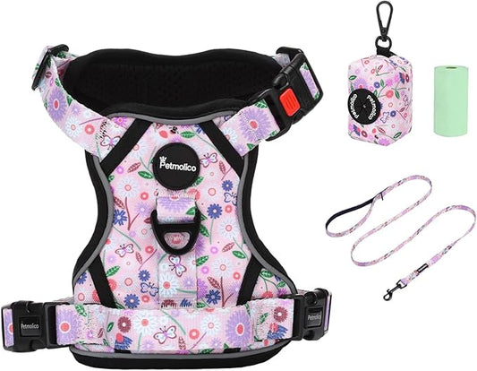 Petmolico No Pull Dog Harness Set with Leash Attachment Easy Control Handle Reflective Harness Vest Small Breed, Puppy Vest and Leash Set with Poop Bag Holder, Small - Pink Flowers