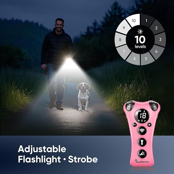 Ultrasonic Dog Bark Deterrent Device β10-Level Adjustable Anti Barking Trainer with Flashlight, Strobe, E-Clicker(18 Whistle Sounds)βNo Shock, Collar-Free Dog Behavior Correction Devices