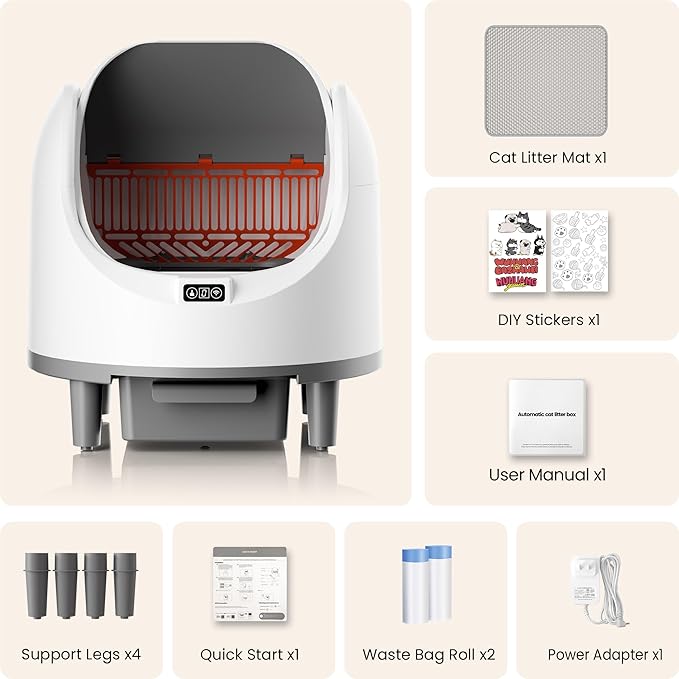 Bashaw Self Cleaning Litter Box, Automatic Cat Litter Box for Multiple Cats, App Control with Safety Sensors, Open Top, Includes Scent Cartridge, Litter Mat & 2 Roll Garbage Bags (White)